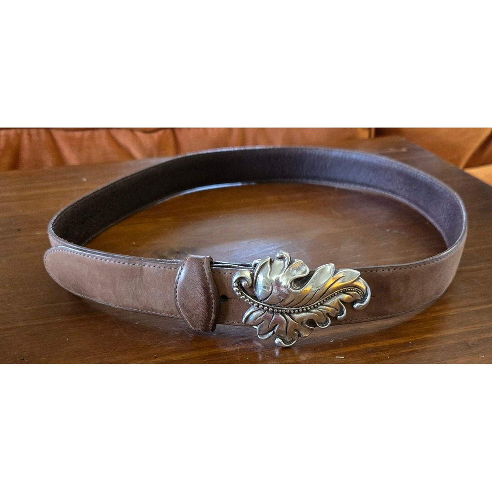 Brighton Boho Chic Brown Leather Belt Silver Ornate Leaf Buckle Made in USA L